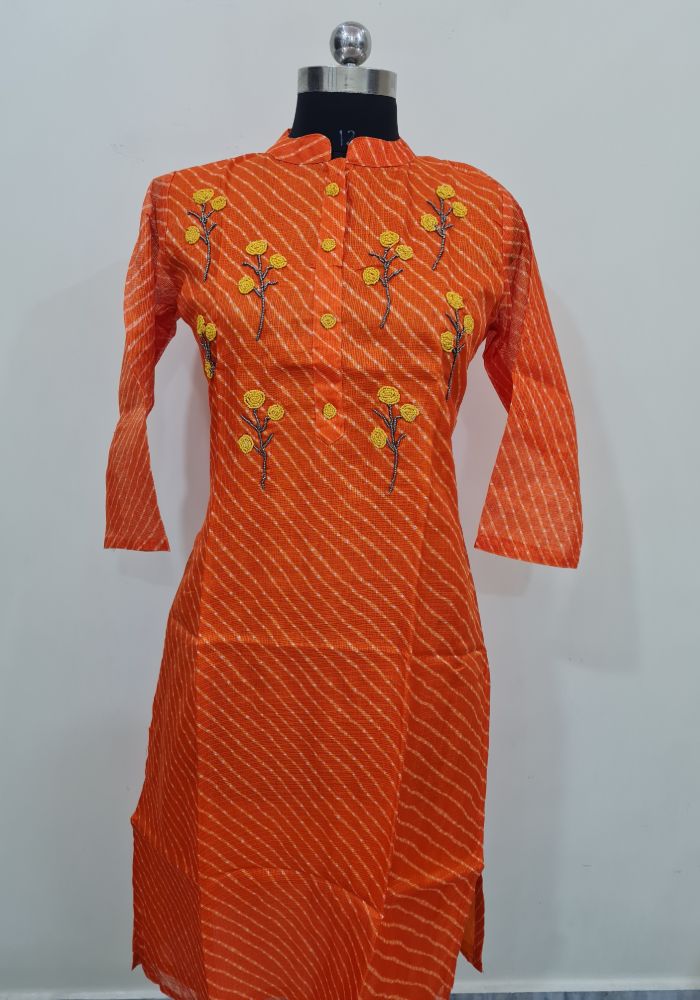 Orange Coloured Kota Kurti with Beads work - Shree Jain Jari Store