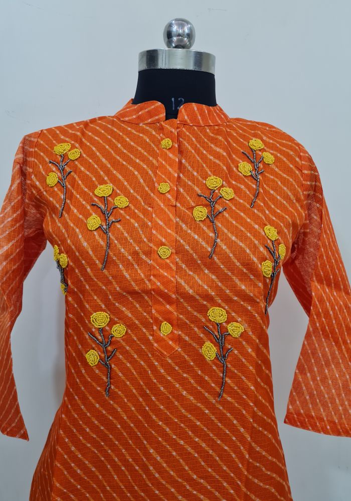 Orange Coloured Kota Kurti with Beads work - Shree Jain Jari Store