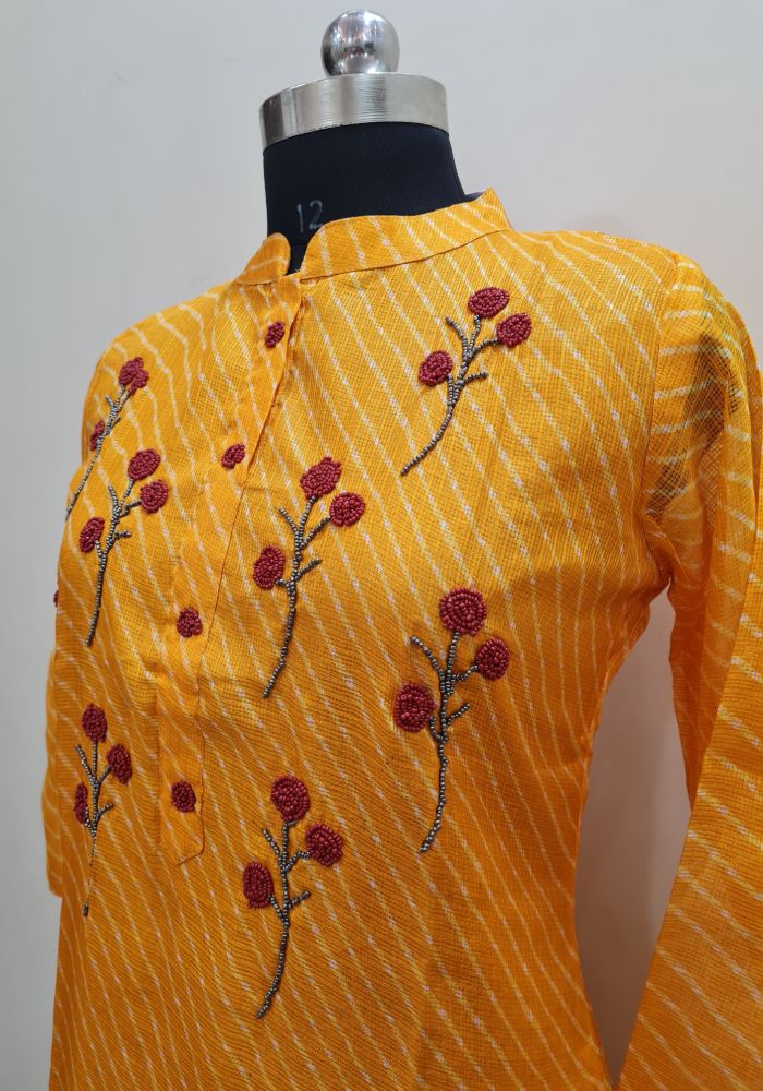 Yellow Coloured Kota Kurti with Beads work - Shree Jain Jari Store